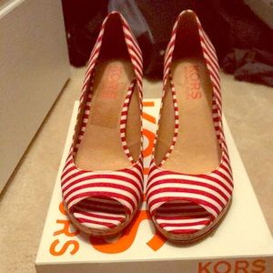 Michael Kors red striped open toe heels